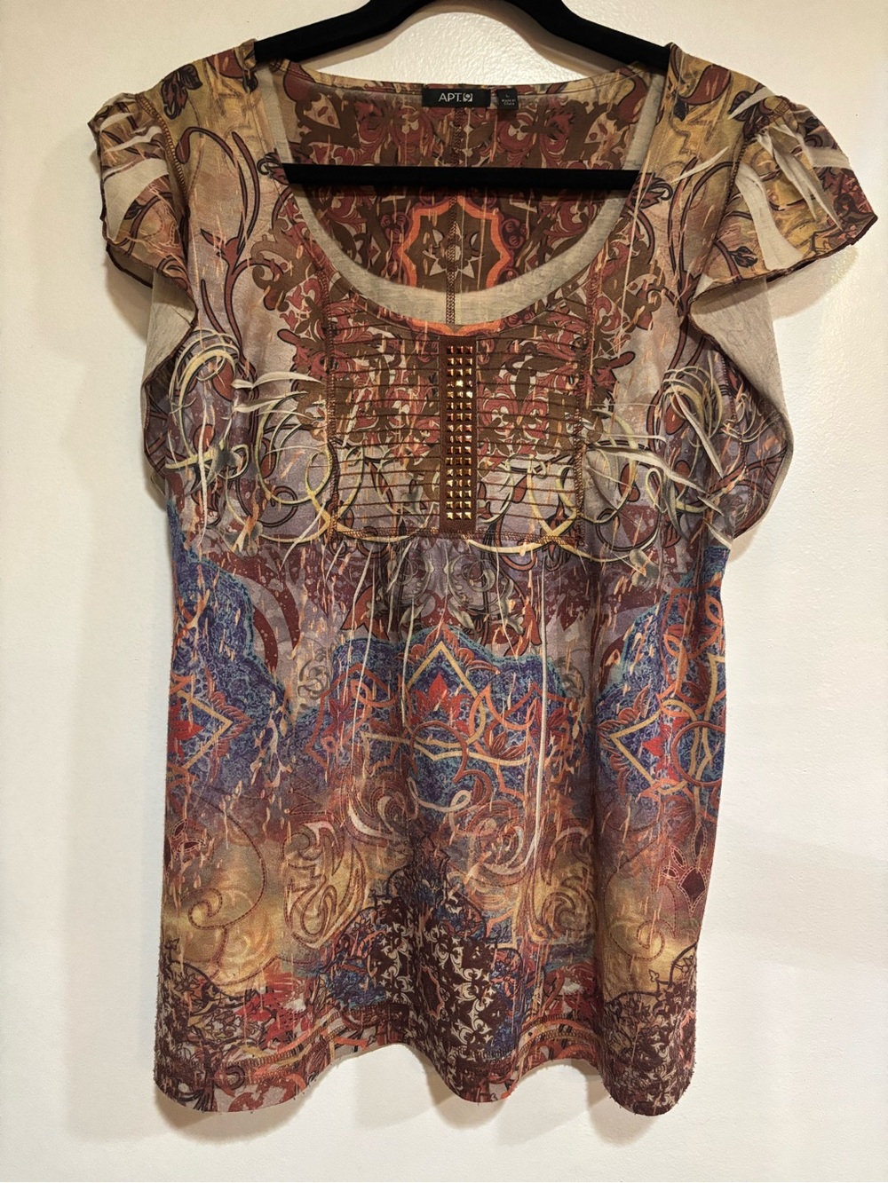 Y2K Apt 9 Studded Abstract Blouse Womens Large L Flutter Sleeve Boho Whimsigoth